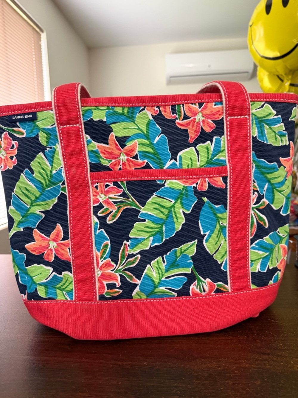 Lands' End Medium Canvas Zip Top Tote Bag - Tropical Floral & Red 16” x 12”
